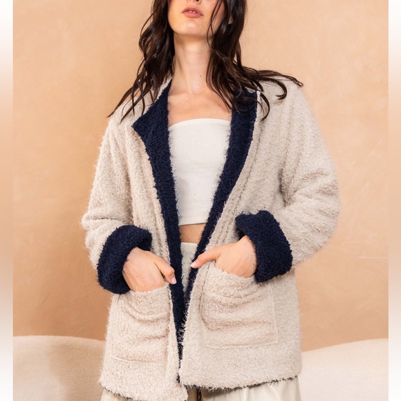 Color Block Fuzzy Jacket with Front Pockets - Picture 1 of 6